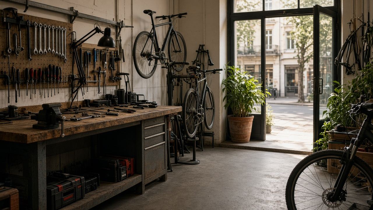 Bike repair shop workspace at Tortirasch Atelier